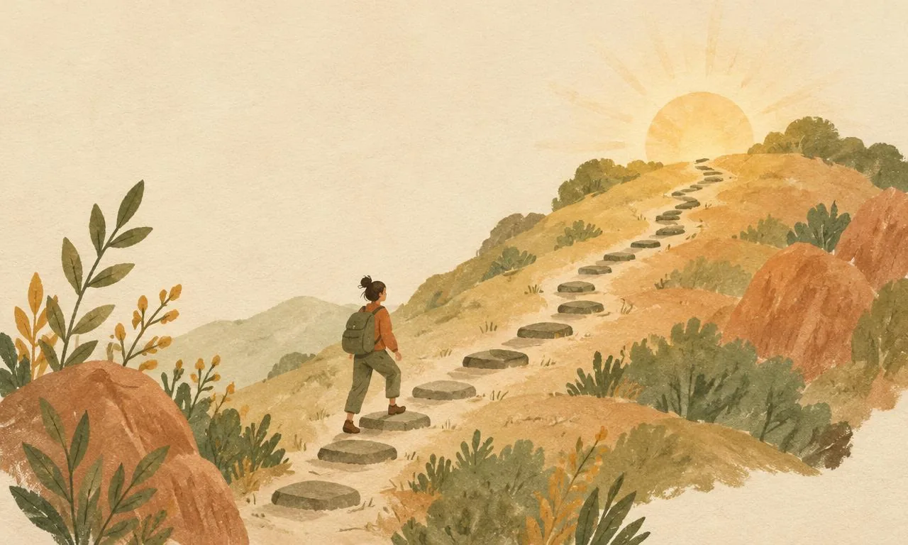 A person walking up a hill on small stepping stones toward the sunrise