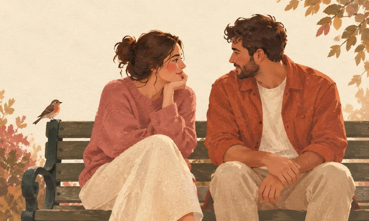 A couple turning toward each other on a park bench with a small bird nearby